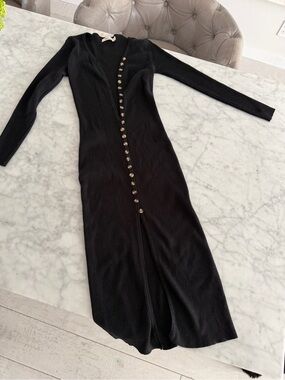 Black Long-Sleeve Button-Front Midi Knot Dress